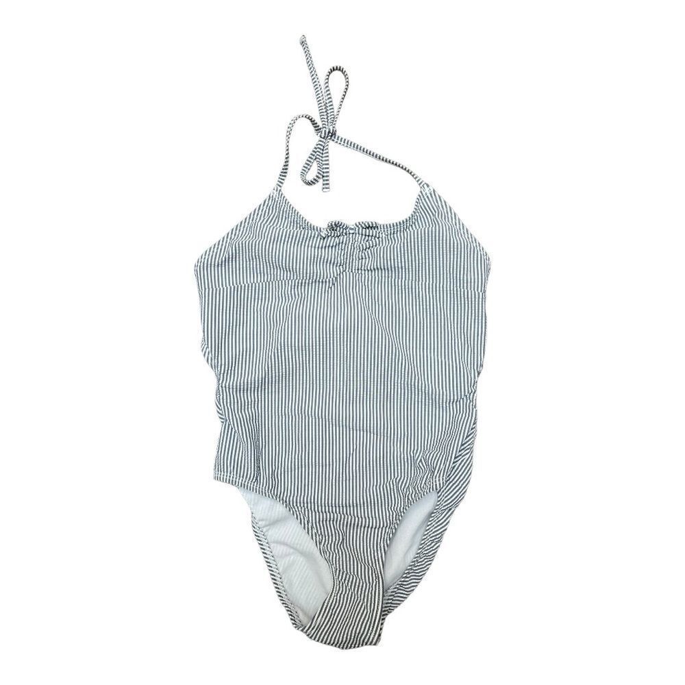 Gap Kids Seersucker 1Pc Swimsuit Open Back Sz M Gray White Micro Stripe EUC